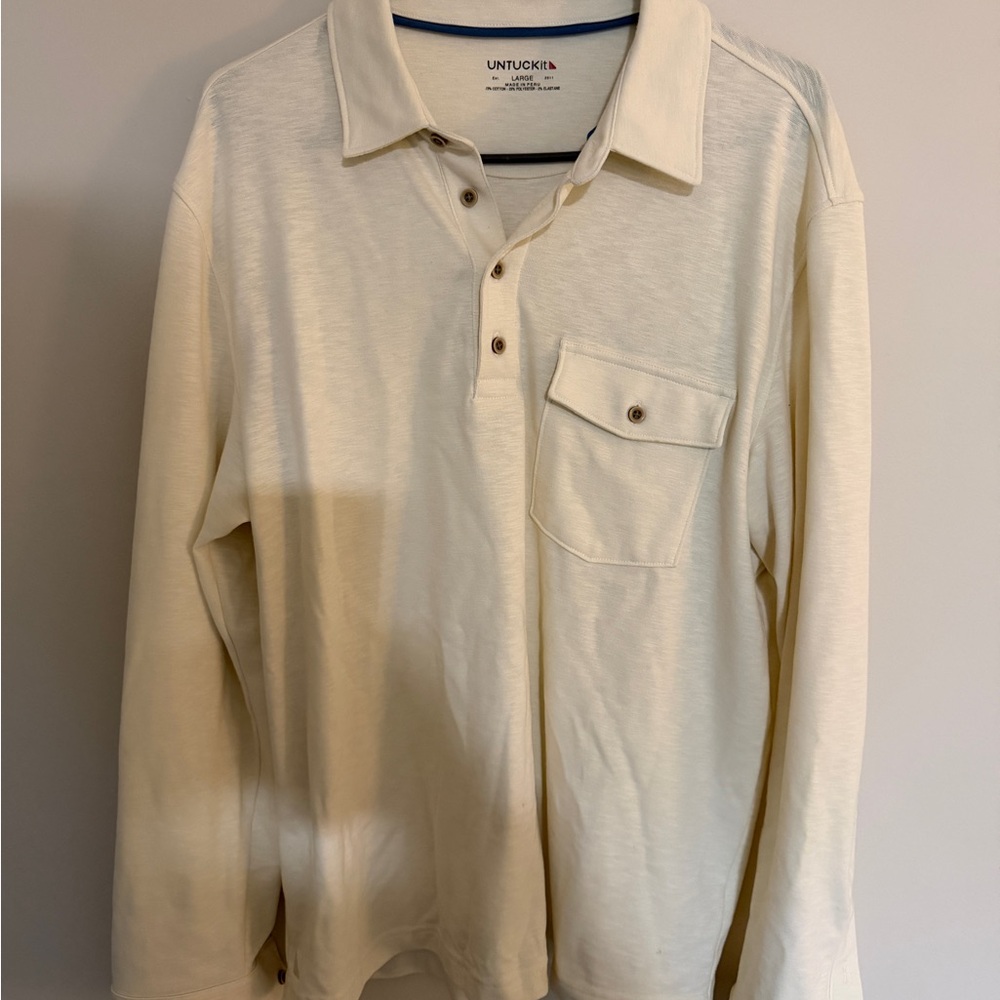 Matthieu Long Sleeve Collared Polo Shirt 40979 Clean Cream Size Large